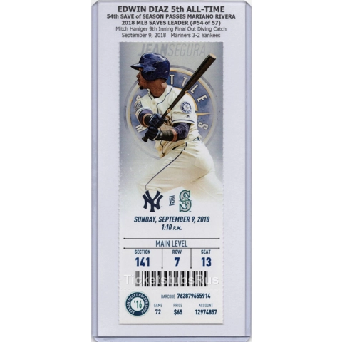 Edwin Diaz 54th SAVE PASSES RIVERA 2018 Mariners Yankees 9/9 Full Ticket SEGURA