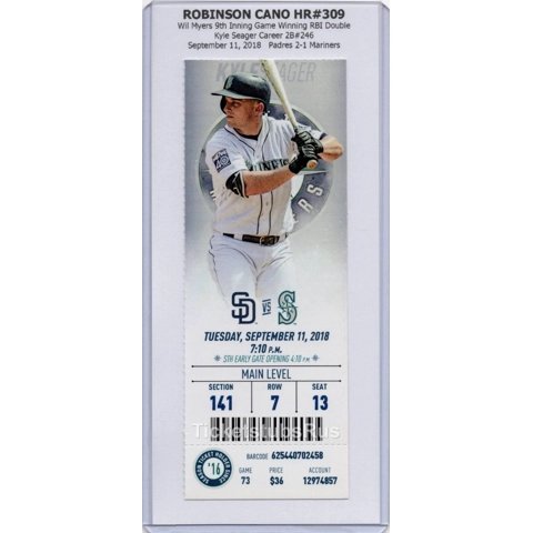 Robinson Cano HR #309 ROBBIE 2018 Mariners Padres 9/11 Full Ticket KYLE SEAGER