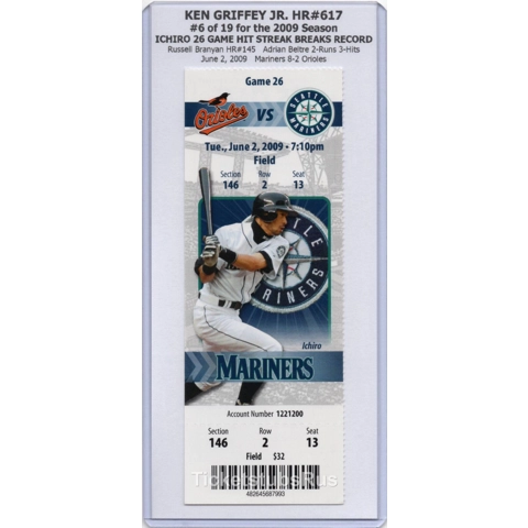 Ken Griffey Jr HR#617 ICHIRO BREAKS RECORD 2009 Mariners Orioles 6/2 Full Ticket