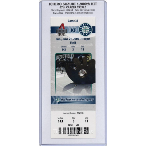 Ichiro Suzuki 1900th CAREER HIT 2009 Mariners Diamondbacks 6/21 Full Ticket