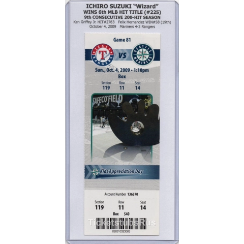 Ichiro Suzuki WINS 6th HIT TITLE 2009 Mariners Rangers 10/4 Full Ticket GRIFFEY