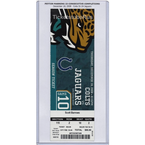 Peyton Manning 23 CONSECUTIVE COMPLETIONS 2008 Colts @ Jaguars 12/18 Full Ticket