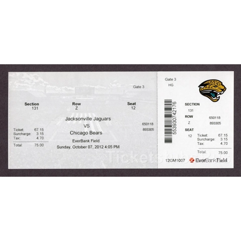 Charles Tillman TD #8 SETS BEARS TD RECORD 2012 Bears @ Jaguars 10/7 Full Ticket