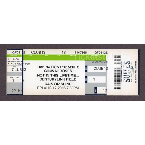2016 GUNS N' ROSES Concert 8/12 Full Ticket CENTURYLINK WA NOT IN THIS LIFETIME