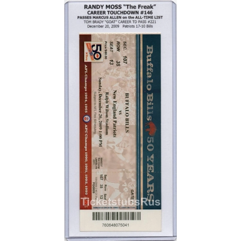 Randy Moss TD #146 PASSES MARCUS ALLEN 2009 Patriots @ Bills 12/20 Full Ticket