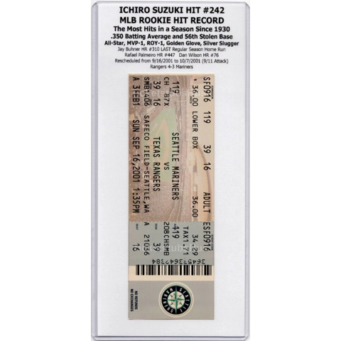 Ichiro Suzuki HIT #242 ROOKIE HIT RECORD 2001 Mariners Rangers 10/7 Full Ticket
