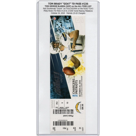 Tom Brady TD #236 TIES GEORGE BLANDA 2010 Patriots @ Chargers 10/24 Full Ticket