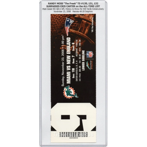 Randy Moss TD #132 PASSES CRIS CARTER 2008 Patriots @ Dolphins 11/23 Full Ticket