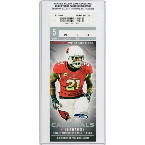 Russell Wilson 100th GAME START 2018 Seahawks Cardinals 9/30 Full Ticket PATRICK