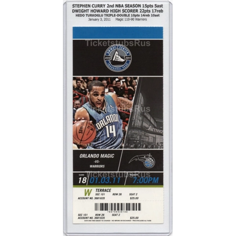 Steph Curry 2nd NBA Season 2011 Magic vs Warriors 1/3 Full Ticket Dwight Howard