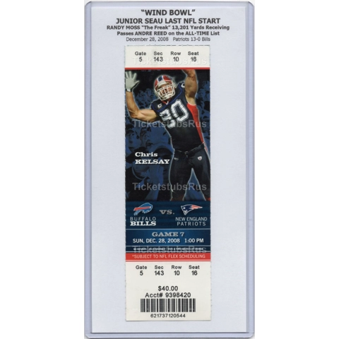 Junior Seau LAST START "WIND BOWL" 2008 Bills Patriots 12/28 Full Ticket KELSAY