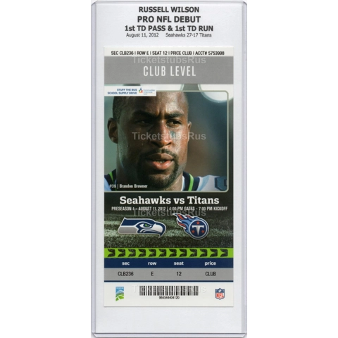 Russell Wilson PRO NFL DEBUT 2012 Seattle Seahawks Titans 8/11 CLUB Ticket MINT