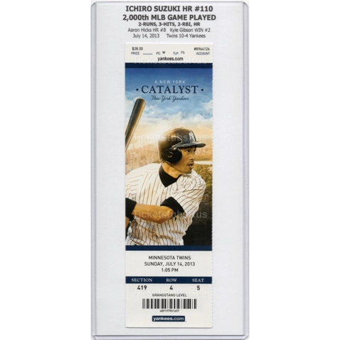Ichiro Suzuki HR #110 & 2000th GAME PLAYED 2013 Yankees Twins 7/14 Full Ticket