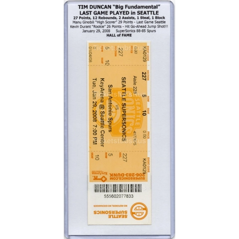 Tim Duncan LAST GAME in SEATTLE Durant ROOKIE 2008 Sonics Spurs 1/29 Full Ticket Tim Duncan LAST GAME in SEATTLE Durant ROOKIE 2008 Sonics Spurs 1/29 Full Ticket