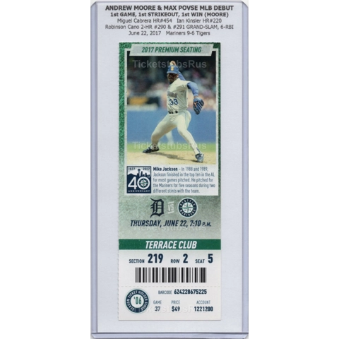 Andrew Moore & Max Povse MLB DEBUT 2017 Mariners Tigers 6/22 CLUB Ticket JACKSON