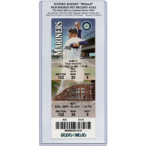 Ichiro Suzuki HIT #242 MLB ROOKIE RECORD 2001 Mariners Rangers 10/7 Full Ticket