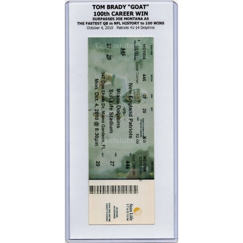 Tom Brady FASTEST 100th WIN NFL RECORD 2010 Dolphins Patriots 10/4 Full Ticket