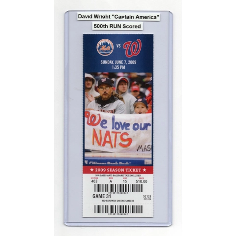 DAVID WRIGHT 500th RUN SCORED 6/7/2009 Mets @ Nationals Full Unused Ticket