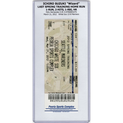Ichiro Suzuki LAST HR SPRING TRAINING 2012 Mariners White Sox 3/21 Full Ticket