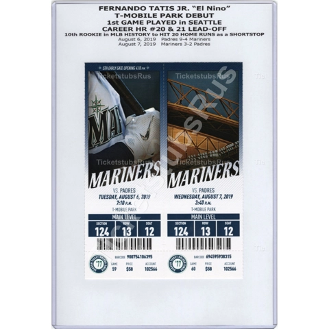 Fernando Tatis Jr. SEATTLE DEBUT HR #20 21 NINO 2019 Mariners Padres Full Ticket
