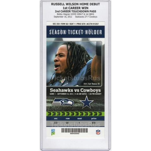 Russell Wilson NFL HOME DEBUT 1st WIN 2012 Seahawks Cowboys 9/16 Full Ticket MNT