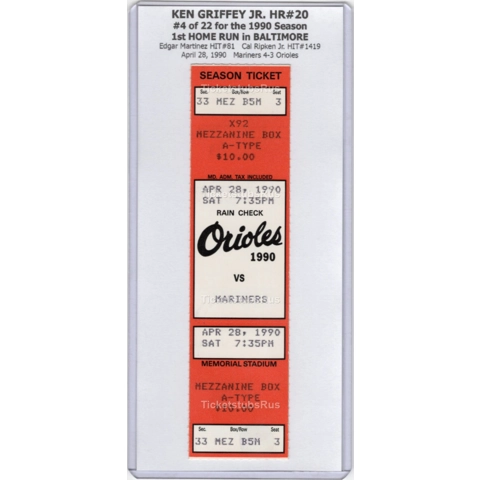Ken Griffey Jr HR #20 1st in BALTIMORE Orioles Mariners 4/28/1990 FULL Ticket