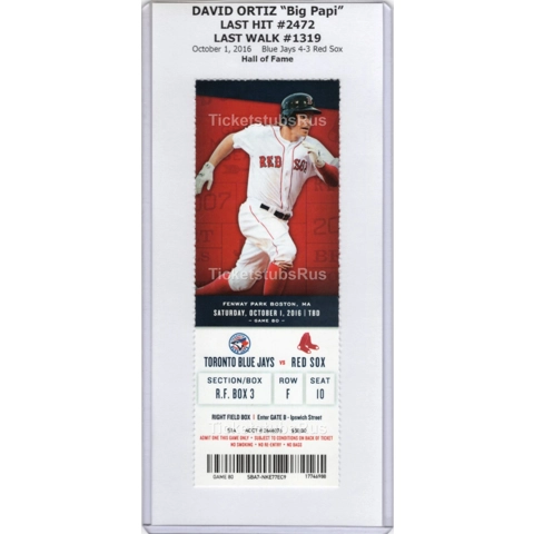 David Ortiz LAST HIT #2472 & WALK #1319 Red Sox Blue Jays 10/1/2016 Full Ticket