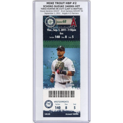 Mike Trout HBP #2 Ichiro Suzuki 2400th HIT Mariners Angels 9/1/2011 FULL Ticket
