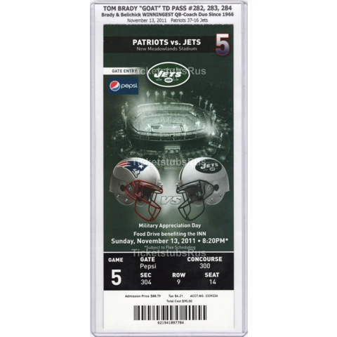 Tom Brady 40th 300-YARD GAME PASSES MONTANA 2011 Jets Patriots 11/13 Full Ticket