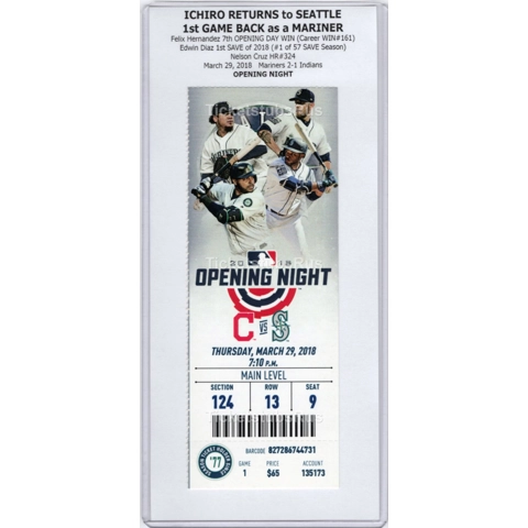 Ichiro RETURNS to SEATTLE OPENING NIGHT 2018 Mariners Indians 3/29 Full Ticket