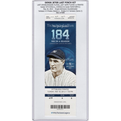 Derek Jeter LAST PINCH HIT 2014 Yankees Pirates 5/18 Full Ticket HOF LOU GEHRIG