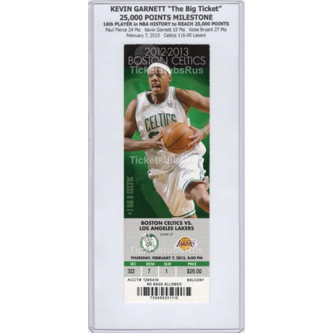 Kevin Garnett 25K PTS MILESTONE 2013 Celtics Lakers 2/7 Full Ticket KOBE BRYANT