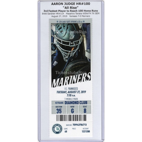 Aaron Judge HR #100 MILESTONE Yankees Mariners 8/27/2019 CLUB Ticket ALL RISE