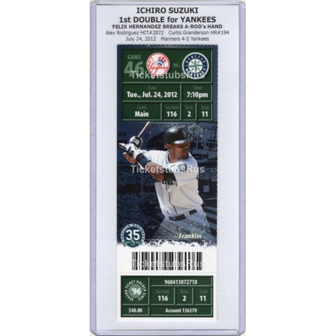 Ichiro Suzuki 1st DOUBLE for NEW YORK YANKEES 7/24/2012 Mariners FULL Ticket