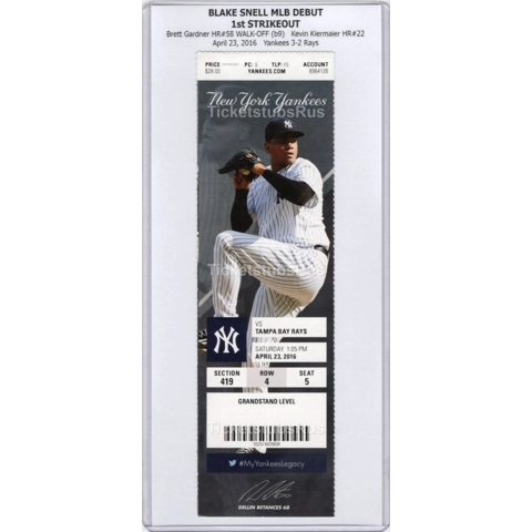 Blake Snell MLB DEBUT Gardner WALK-OFF HR #58 Yankees Rays 4/23/2016 Full Ticket