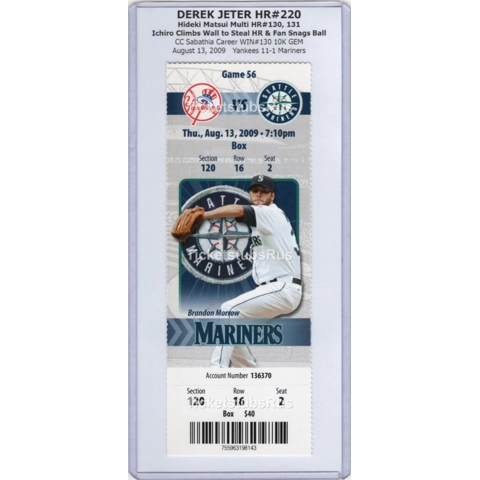 Derek Jeter HR #220 ICHIRO CLIMBS RF WALL Yankees Mariners 8/13/2009 Full Ticket