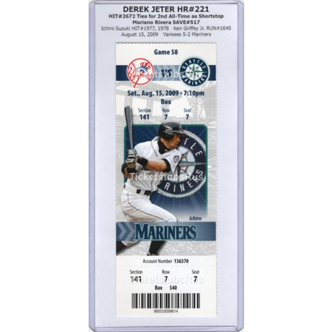 Derek Jeter HR #221 TIES 2nd ALL-TIME SS Yankees Mariners 8/15/2009 Full Ticket