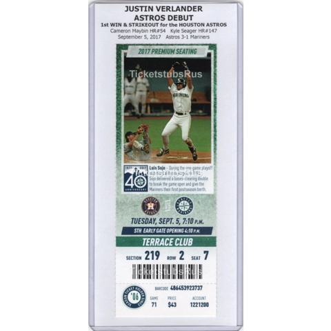Justin Verlander ASTROS DEBUT 1st GAME & WIN Mariners 9/5/2017 CLUB Ticket SOJO