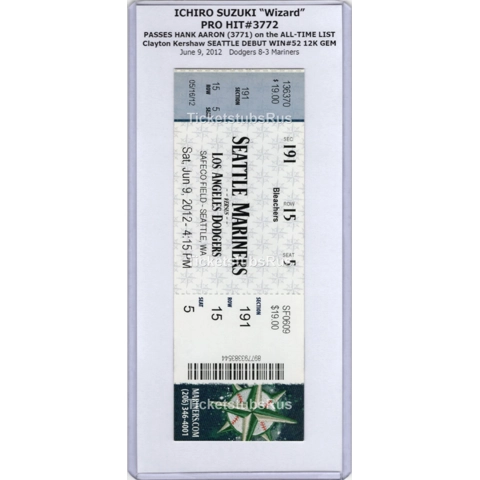 Ichiro Suzuki PRO HIT#3772 PASSES HANK AARON Mariners Dodgers 6/9/12 Full Ticket