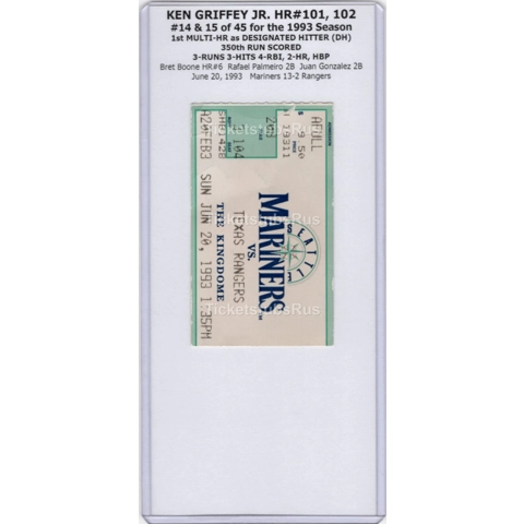 Ken Griffey Jr HR #101 102 FATHERS DAY x2 1993 Mariners Rangers 6/20 Ticket Stub