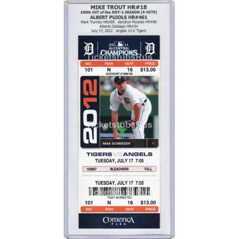 Mike Trout HR #18 1st HR in DETROIT 2012 Tigers Angels 7/17 Full Ticket SCHERZER