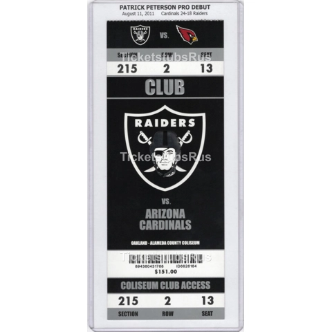 Patrick Peterson PRO DEBUT 2011 NFL Raiders Cardinals 8/11 CLUB Ticket TACKLE #1