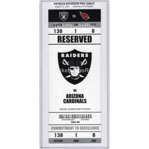 Patrick Peterson PRO DEBUT 2011 NFL Raiders Cardinals 8/11 Full Ticket TACKLE #1