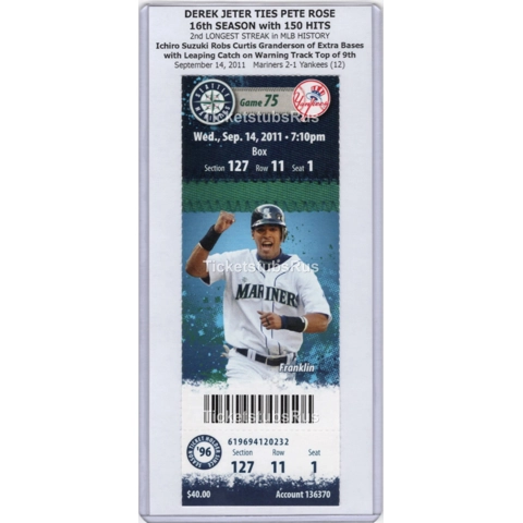 Derek Jeter HIT STREAK TIES PETE ROSE 2011 Mariners Yankees 9/14 Ticket MINT