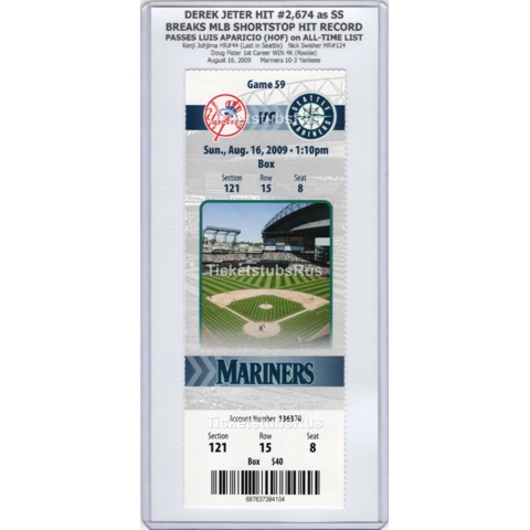 Derek Jeter BREAKS SHORTSTOP HIT RECORD 2009 Mariners Yankees 8/16 Full Ticket