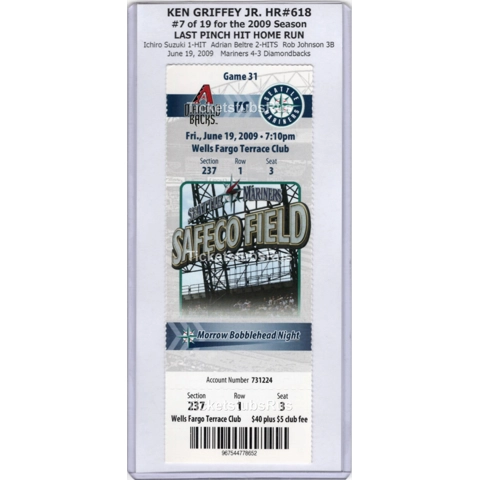 Ken Griffey Jr HR #618 LAST PINCH HR 2009 Mariners Diamondbacks 6/19 CLUB Ticket