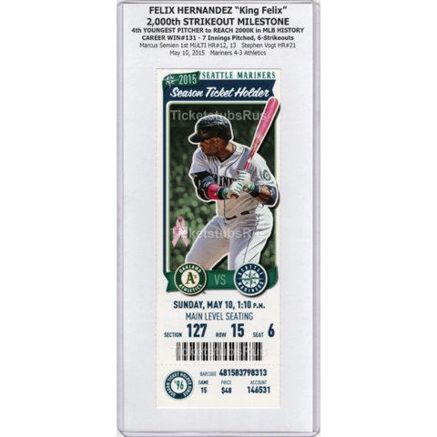 Felix Hernandez 2000th STRIKEOUT 2015 Mariners Athletics 5/10 Full Ticket CANO