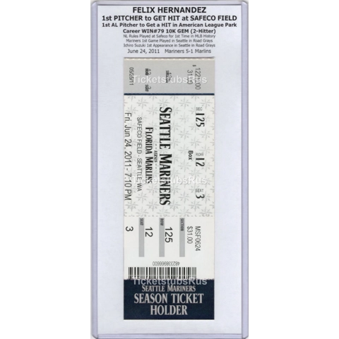 Felix Hernandez 1st PITCHER HIT at SAFECO 2011 Mariners Marlins 6/24 Full Ticket