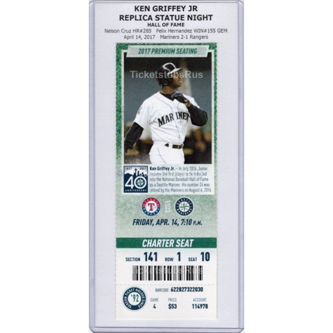 Ken Griffey Jr STATUE NIGHT 2017 Mariners Rangers 4/14 CHARTER Ticket JUNIOR KID