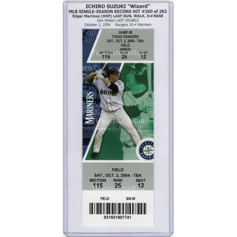 Ichiro Suzuki MLB RECORD HIT #260 of 262 Mariners Rangers 10/2/2004 Full Ticket